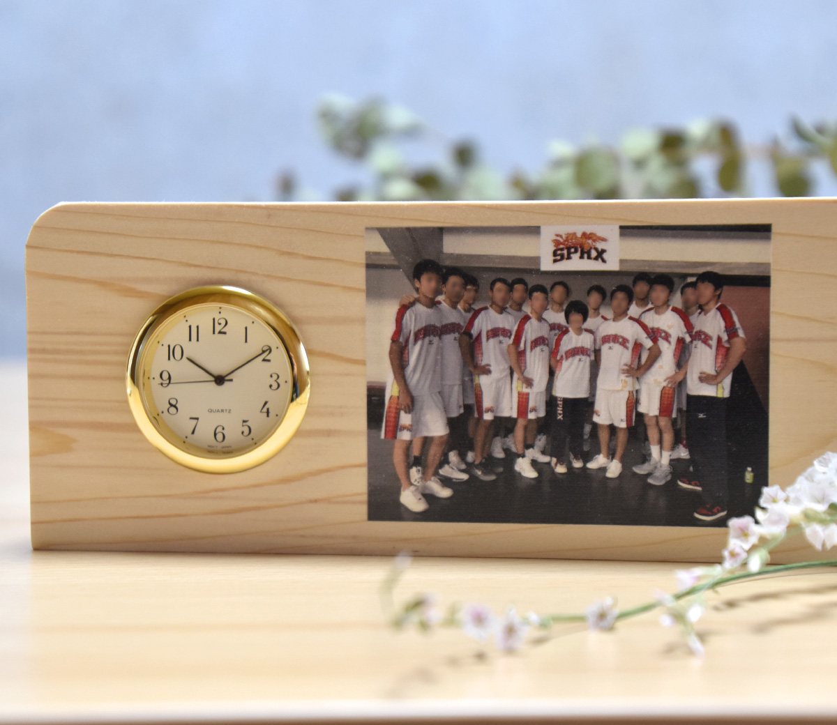 部活動の引退記念に～写真入り置時計（カラー印刷・ヒノキ）